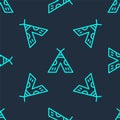 Green line Traditional indian teepee or wigwam icon isolated seamless pattern on blue background. Indian tent. Vector Royalty Free Stock Photo