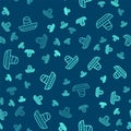 Green line Traditional mexican sombrero hat icon isolated seamless pattern on blue background. Vector Royalty Free Stock Photo