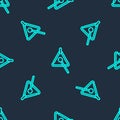Green line Triangle musical instrument icon isolated seamless pattern on blue background. Vector Royalty Free Stock Photo