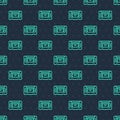 Green line VHS video cassette tape icon isolated seamless pattern on blue background. Vector Royalty Free Stock Photo