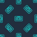 Green line VHS video cassette tape icon isolated seamless pattern on blue background. Vector Illustration Royalty Free Stock Photo