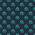 Green line Water mill icon isolated seamless pattern on blue background. Water wheel energy. Hydro power turbine wheel