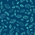 Green line Whale icon isolated seamless pattern on blue background. Vector Royalty Free Stock Photo