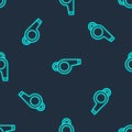 Green line Whistle icon isolated seamless pattern on blue background. Referee symbol. Fitness and sport sign. Vector Royalty Free Stock Photo