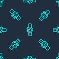 Green line Wrist watch icon isolated seamless pattern on blue background. Wristwatch icon. Vector