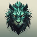 Green Lion Head: Surrealism Minimalist Style Illustration Of Envy Evil Angry Dark Lion Mask