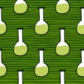 Green liquid in flask seamless doodle pattern. Laboratory ornament on striped green background