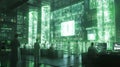 Green Lit Data Center Control Room Technicians Monitoring Screens