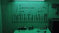 Green-lit workshop tools pegboard, workbench, repair Royalty Free Stock Photo