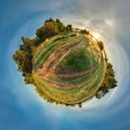 Green little planet with trees and field. Tiny planet with blue sky and sun. 360 viewing angle.