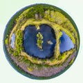 Green 360 little planet with trees, white clouds and soft blue sky. three lakes in a green forest Tiny planet of