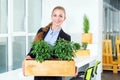 Green living. Attractive young businesswoman standing in modern loft office holding a box with plants. Environmental Royalty Free Stock Photo