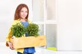 Green living. Attractive young businesswoman standing in modern loft office holding a box with plants. Environmental Royalty Free Stock Photo