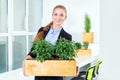 Green living. Attractive young businesswoman standing in modern loft office holding a box with plants. Environmental Royalty Free Stock Photo