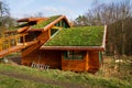 Green living roof on wooden building covered with vegetation