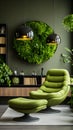 a green living room with a chair and ottoman Modern interior Lounge with Forest Green color theme Royalty Free Stock Photo