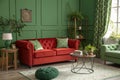 Green living room with red sofa Royalty Free Stock Photo