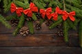 Green living spruce branches on a dark wooden background. New Year background with cones and red bows. Top view Royalty Free Stock Photo