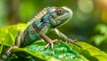 Green lizard with a yellow stripe on its back. Royalty Free Stock Photo