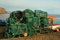 Green Lobster cages drying on shore