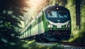 Green locomotive in the forest. Railway in the forest. Freight transportation.