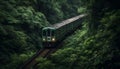 Green locomotive speeds through forest on railroad track, vanishing point generated by AI