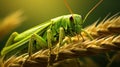 Green locust nibbles wheat spikelet, macro, selective focus