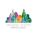 Green logo original design, park and city buidings colorful emblem in linear style vector Illustration Royalty Free Stock Photo