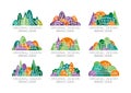 Green logos set. Abstract icons with amusement park, factory, city view, theater, and buildings against forest