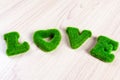 Green love wording on wooden floor, made from artificial grass Royalty Free Stock Photo