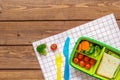 Green lunch box for kid on wooden background top view