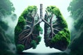 Green lung in the jungle with trees and roots. Generative ai design