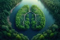 Green lungs of planet Earth. A green island in a shape of lungs in the middle of a clear lake and the virgin forest. AI generated