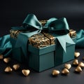 Green Luxury gift box with a golden bow on dark background. Fathers day, Valentines day gift for him, Corporate gift Royalty Free Stock Photo