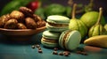 Green Macarons With Avocado Cookies Chocolate on Table AI Generative Selective