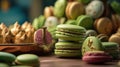 Green Macarons With Avocado Cookies Chocolate on Table AI Generative Selective