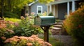 Green mail box in front of a house with garden Royalty Free Stock Photo