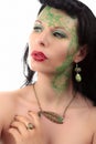 Green make-up girl art nouveau ring, earring and necklace Royalty Free Stock Photo