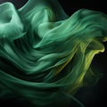 Green malachite turquoise silk scarf flying on black, texture of thin smooth fabric, folds and play, beautiful bright background,