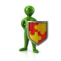 Green man with puzzle shield Royalty Free Stock Photo