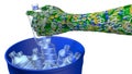 Green man`s arm covered by green, blue and yellow circles with the recycling symbol by placing a plastic bottle in a blue dump. 3 Royalty Free Stock Photo