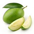 Green Mango with Slice and Leaf Isolated on White Background Royalty Free Stock Photo