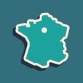 Green Map of France icon isolated on green background. Long shadow style. Vector