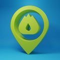 Green Map pointer with fire flame icon isolated on blue background. Fire nearby. Minimalism concept. 3D render Royalty Free Stock Photo