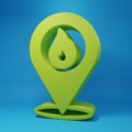 Green Map pointer with fire flame icon isolated on blue background. Fire nearby. Minimalism concept. 3D render Royalty Free Stock Photo