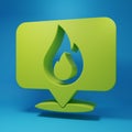 Green Map pointer with fire flame icon isolated on blue background. Fire nearby. Minimalism concept. 3D render Royalty Free Stock Photo