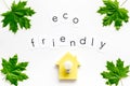 Green maple leaves, house figure and bulb and eco friendly text for ecology concept on white background top view Royalty Free Stock Photo