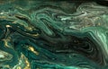 Green marble abstract acrylic background. Marbling artwork texture. Agate ripple pattern. Gold powder.
