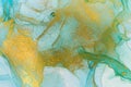 Green marble imitation. Watercolor gold background. Alcohol ink art illustration.