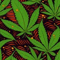 Green marijuana leaves and orange bubbles on stripy orange background, seamless pattern. AI generative illustration, pattern Royalty Free Stock Photo
